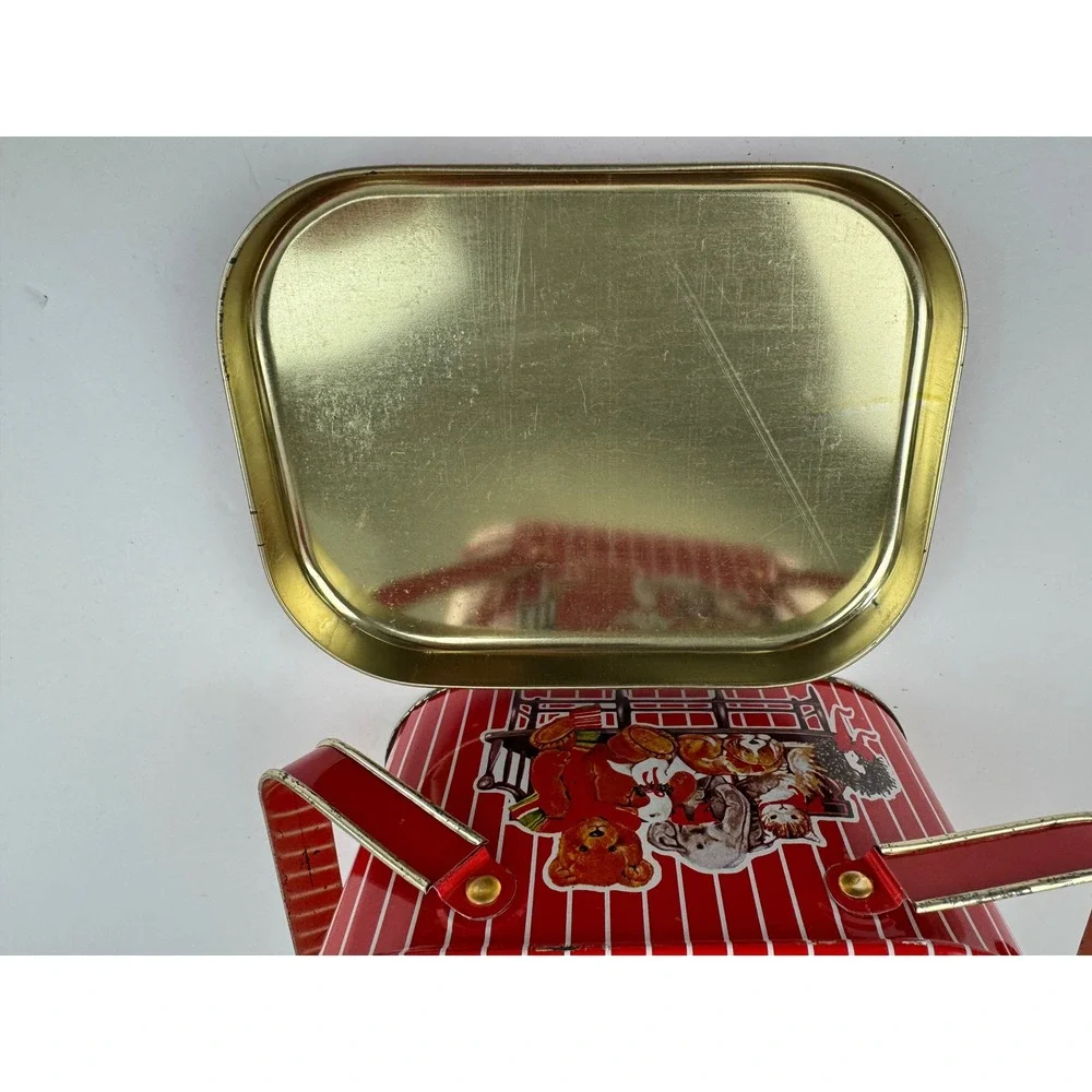 Vintage Christmas Holiday Tin Teddy Bear Cat Dog Picnic Basket Style Red White